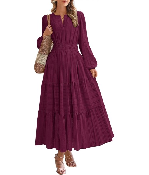 BTFBM Fall Dresses for Women 2025 Casual Long Sleeve V Neck Elastic Waist Lightweight Maxi Wedding Guest Dress Pockets