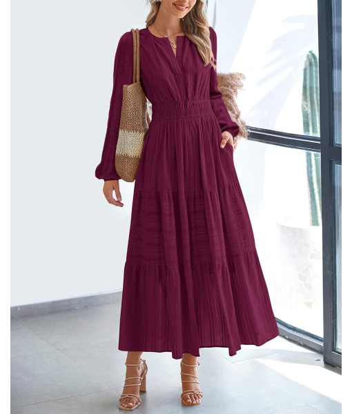 BTFBM Fall Dresses for Women 2025 Casual Long Sleeve V Neck Elastic Waist Lightweight Maxi Wedding Guest Dress Pockets