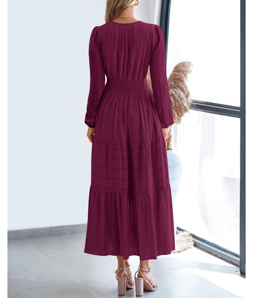 BTFBM Fall Dresses for Women 2025 Casual Long Sleeve V Neck Elastic Waist Lightweight Maxi Wedding Guest Dress Pockets