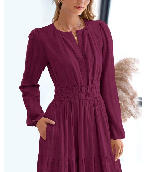 BTFBM Fall Dresses for Women 2025 Casual Long Sleeve V Neck Elastic Waist Lightweight Maxi Wedding Guest Dress Pockets