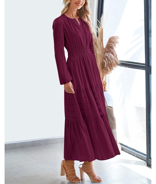 BTFBM Fall Dresses for Women 2025 Casual Long Sleeve V Neck Elastic Waist Lightweight Maxi Wedding Guest Dress Pockets