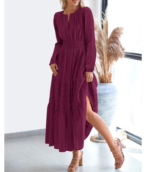 BTFBM Fall Dresses for Women 2025 Casual Long Sleeve V Neck Elastic Waist Lightweight Maxi Wedding Guest Dress Pockets