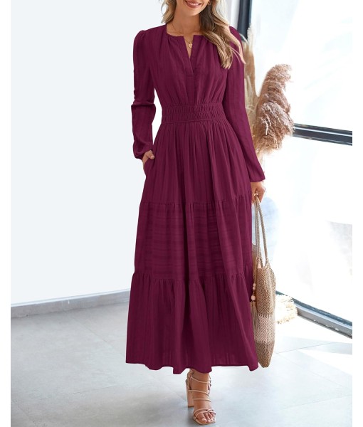 BTFBM Fall Dresses for Women 2025 Casual Long Sleeve V Neck Elastic Waist Lightweight Maxi Wedding Guest Dress Pockets