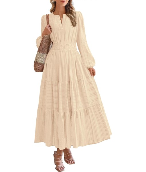 BTFBM Fall Dresses for Women 2025 Casual Long Sleeve V Neck Elastic Waist Lightweight Maxi Wedding Guest Dress Pockets