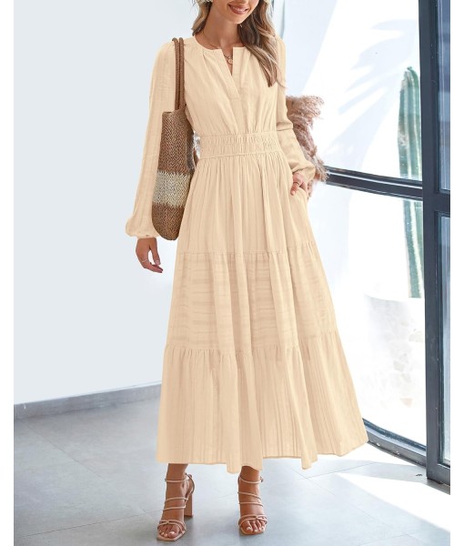BTFBM Fall Dresses for Women 2025 Casual Long Sleeve V Neck Elastic Waist Lightweight Maxi Wedding Guest Dress Pockets