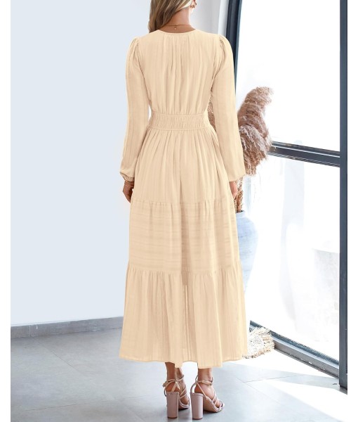 BTFBM Fall Dresses for Women 2025 Casual Long Sleeve V Neck Elastic Waist Lightweight Maxi Wedding Guest Dress Pockets