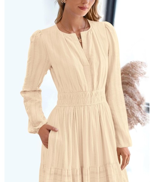 BTFBM Fall Dresses for Women 2025 Casual Long Sleeve V Neck Elastic Waist Lightweight Maxi Wedding Guest Dress Pockets