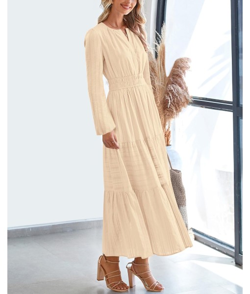 BTFBM Fall Dresses for Women 2025 Casual Long Sleeve V Neck Elastic Waist Lightweight Maxi Wedding Guest Dress Pockets