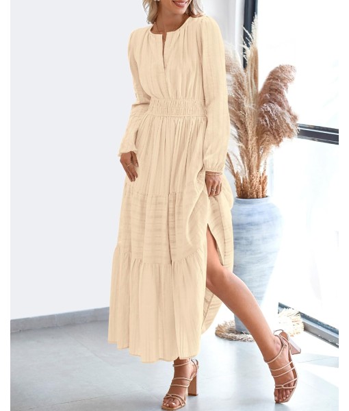 BTFBM Fall Dresses for Women 2025 Casual Long Sleeve V Neck Elastic Waist Lightweight Maxi Wedding Guest Dress Pockets