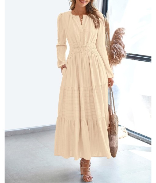 BTFBM Fall Dresses for Women 2025 Casual Long Sleeve V Neck Elastic Waist Lightweight Maxi Wedding Guest Dress Pockets