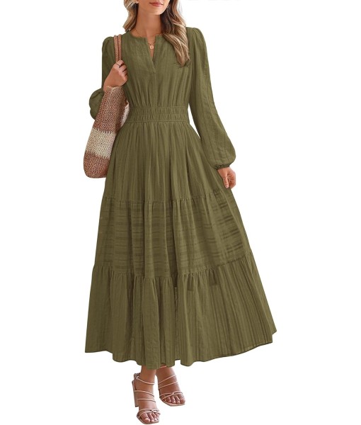 BTFBM Fall Dresses for Women 2025 Casual Long Sleeve V Neck Elastic Waist Lightweight Maxi Wedding Guest Dress Pockets