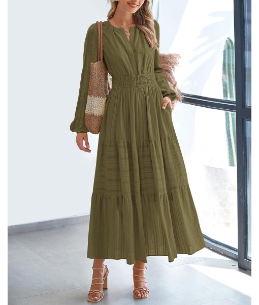 BTFBM Fall Dresses for Women 2025 Casual Long Sleeve V Neck Elastic Waist Lightweight Maxi Wedding Guest Dress Pockets