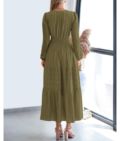 BTFBM Fall Dresses for Women 2025 Casual Long Sleeve V Neck Elastic Waist Lightweight Maxi Wedding Guest Dress Pockets
