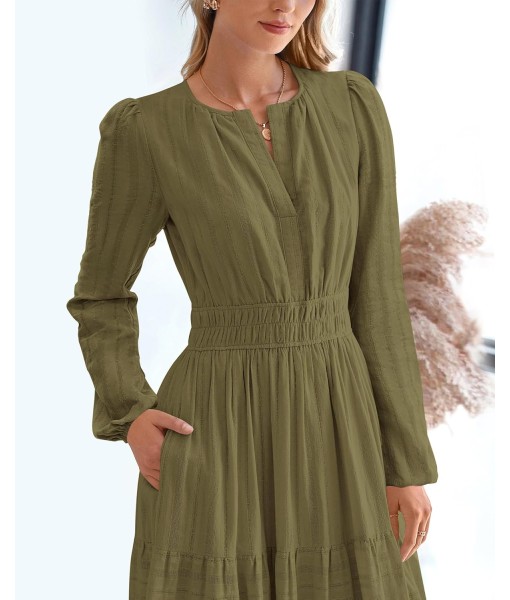 BTFBM Fall Dresses for Women 2025 Casual Long Sleeve V Neck Elastic Waist Lightweight Maxi Wedding Guest Dress Pockets