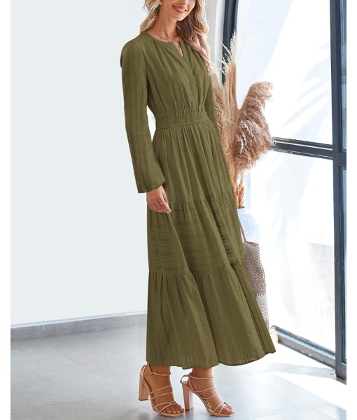 BTFBM Fall Dresses for Women 2025 Casual Long Sleeve V Neck Elastic Waist Lightweight Maxi Wedding Guest Dress Pockets