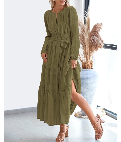 BTFBM Fall Dresses for Women 2025 Casual Long Sleeve V Neck Elastic Waist Lightweight Maxi Wedding Guest Dress Pockets