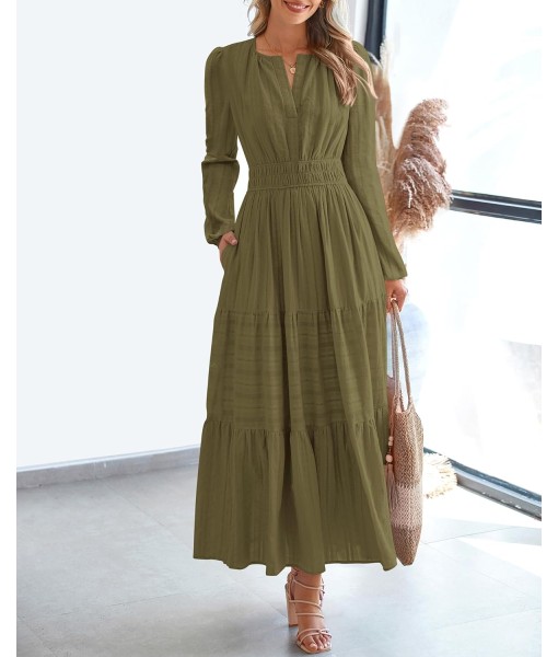 BTFBM Fall Dresses for Women 2025 Casual Long Sleeve V Neck Elastic Waist Lightweight Maxi Wedding Guest Dress Pockets