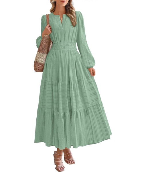 BTFBM Fall Dresses for Women 2025 Casual Long Sleeve V Neck Elastic Waist Lightweight Maxi Wedding Guest Dress Pockets