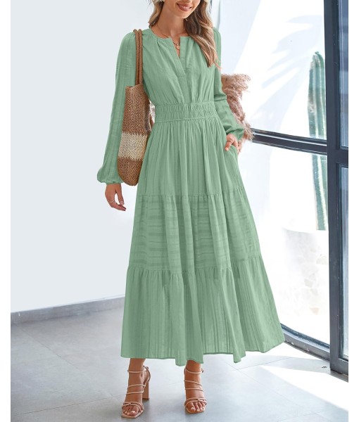 BTFBM Fall Dresses for Women 2025 Casual Long Sleeve V Neck Elastic Waist Lightweight Maxi Wedding Guest Dress Pockets