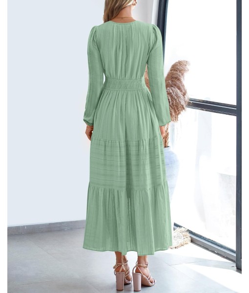 BTFBM Fall Dresses for Women 2025 Casual Long Sleeve V Neck Elastic Waist Lightweight Maxi Wedding Guest Dress Pockets