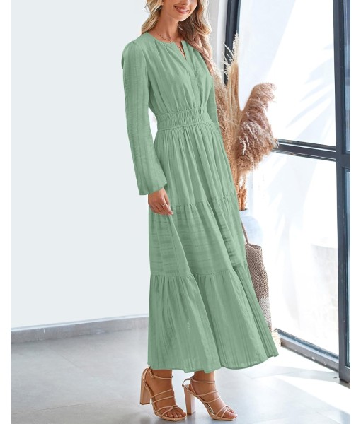 BTFBM Fall Dresses for Women 2025 Casual Long Sleeve V Neck Elastic Waist Lightweight Maxi Wedding Guest Dress Pockets