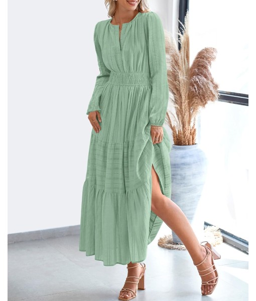 BTFBM Fall Dresses for Women 2025 Casual Long Sleeve V Neck Elastic Waist Lightweight Maxi Wedding Guest Dress Pockets