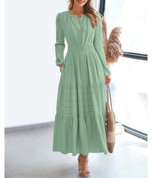 BTFBM Fall Dresses for Women 2025 Casual Long Sleeve V Neck Elastic Waist Lightweight Maxi Wedding Guest Dress Pockets