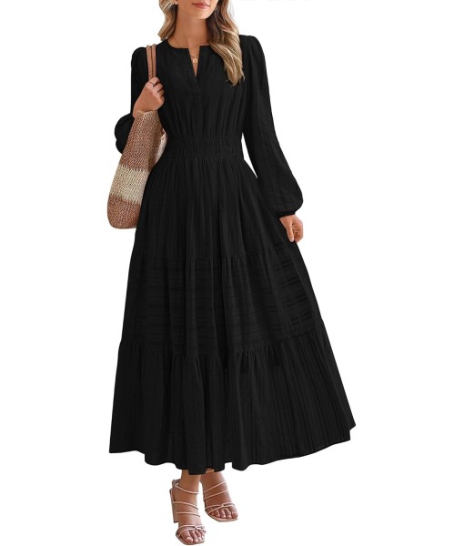 BTFBM Fall Dresses for Women 2025 Casual Long Sleeve V Neck Elastic Waist Lightweight Maxi Wedding Guest Dress Pockets