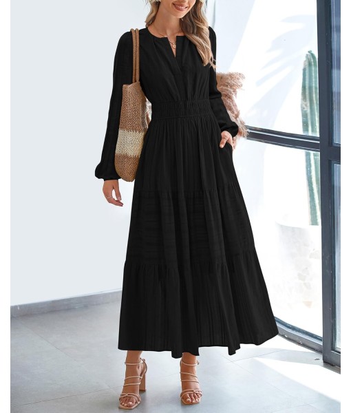 BTFBM Fall Dresses for Women 2025 Casual Long Sleeve V Neck Elastic Waist Lightweight Maxi Wedding Guest Dress Pockets