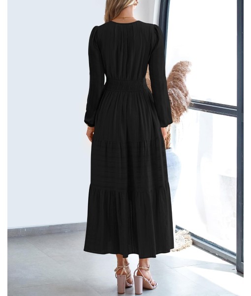 BTFBM Fall Dresses for Women 2025 Casual Long Sleeve V Neck Elastic Waist Lightweight Maxi Wedding Guest Dress Pockets