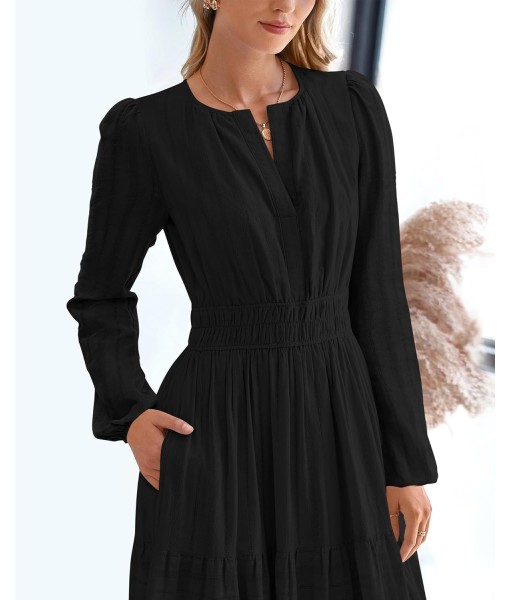 BTFBM Fall Dresses for Women 2025 Casual Long Sleeve V Neck Elastic Waist Lightweight Maxi Wedding Guest Dress Pockets