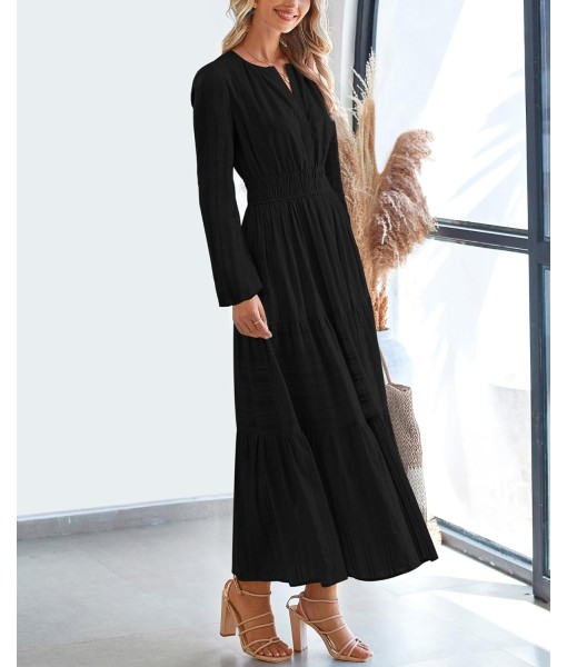 BTFBM Fall Dresses for Women 2025 Casual Long Sleeve V Neck Elastic Waist Lightweight Maxi Wedding Guest Dress Pockets
