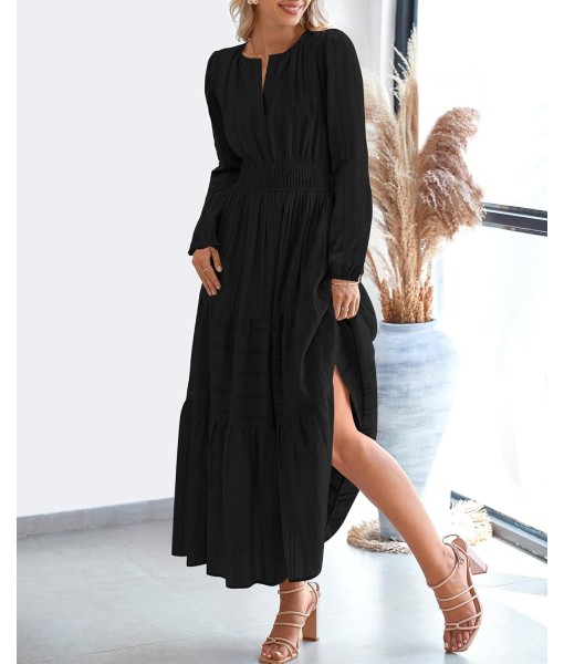BTFBM Fall Dresses for Women 2025 Casual Long Sleeve V Neck Elastic Waist Lightweight Maxi Wedding Guest Dress Pockets