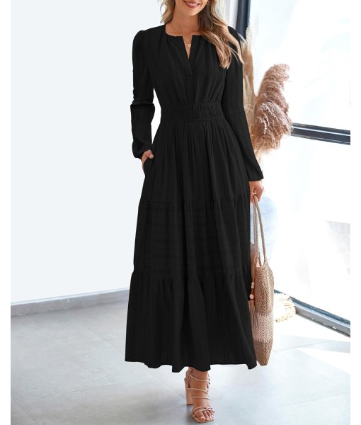 BTFBM Fall Dresses for Women 2025 Casual Long Sleeve V Neck Elastic Waist Lightweight Maxi Wedding Guest Dress Pockets