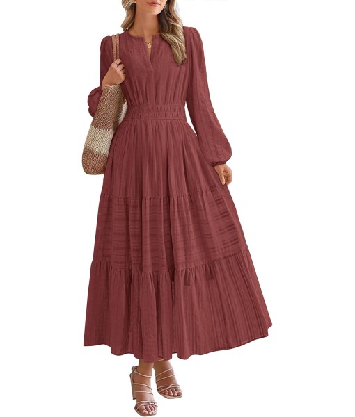 BTFBM Fall Dresses for Women 2025 Casual Long Sleeve V Neck Elastic Waist Lightweight Maxi Wedding Guest Dress Pockets