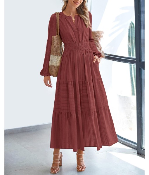 BTFBM Fall Dresses for Women 2025 Casual Long Sleeve V Neck Elastic Waist Lightweight Maxi Wedding Guest Dress Pockets