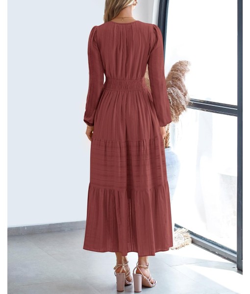 BTFBM Fall Dresses for Women 2025 Casual Long Sleeve V Neck Elastic Waist Lightweight Maxi Wedding Guest Dress Pockets