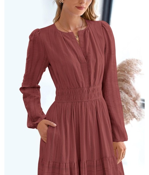 BTFBM Fall Dresses for Women 2025 Casual Long Sleeve V Neck Elastic Waist Lightweight Maxi Wedding Guest Dress Pockets