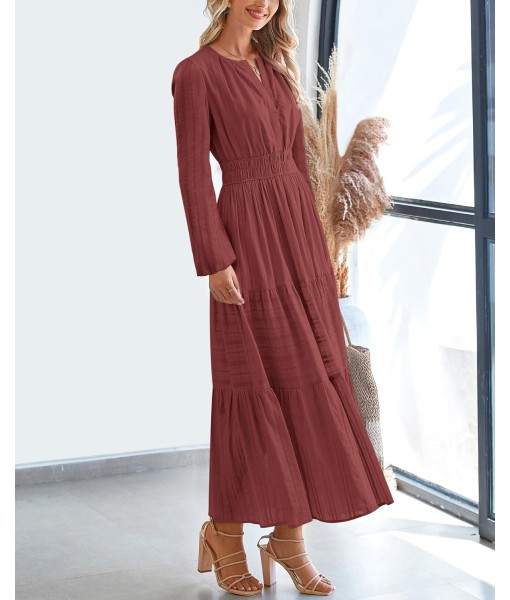 BTFBM Fall Dresses for Women 2025 Casual Long Sleeve V Neck Elastic Waist Lightweight Maxi Wedding Guest Dress Pockets