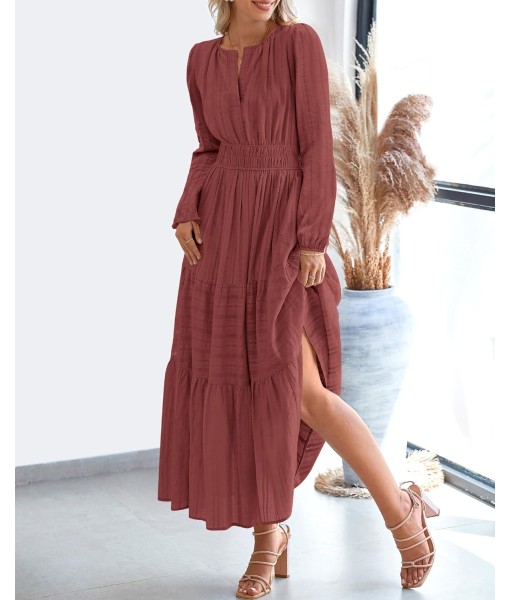 BTFBM Fall Dresses for Women 2025 Casual Long Sleeve V Neck Elastic Waist Lightweight Maxi Wedding Guest Dress Pockets