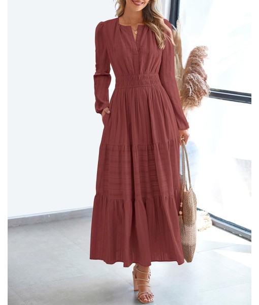 BTFBM Fall Dresses for Women 2025 Casual Long Sleeve V Neck Elastic Waist Lightweight Maxi Wedding Guest Dress Pockets