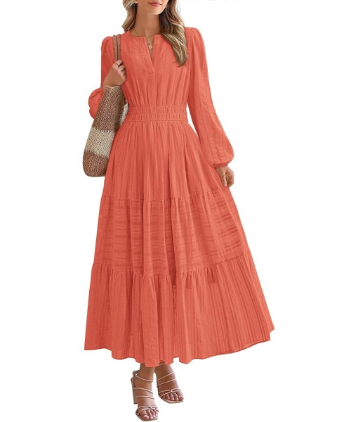 BTFBM Fall Dresses for Women 2025 Casual Long Sleeve V Neck Elastic Waist Lightweight Maxi Wedding Guest Dress Pockets