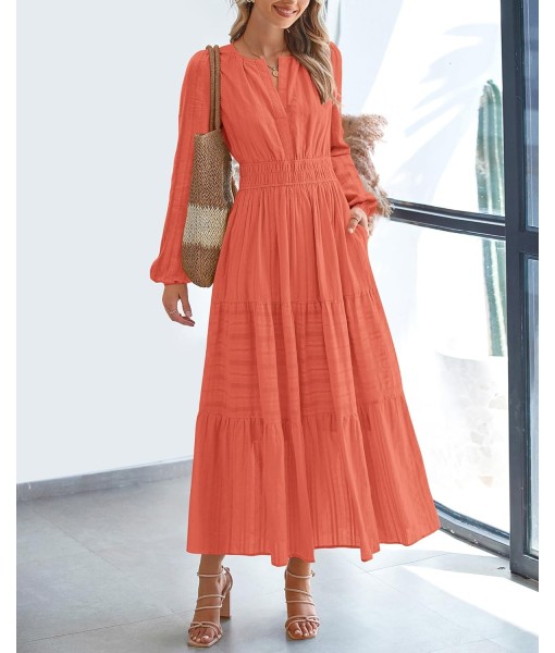 BTFBM Fall Dresses for Women 2025 Casual Long Sleeve V Neck Elastic Waist Lightweight Maxi Wedding Guest Dress Pockets