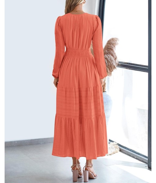 BTFBM Fall Dresses for Women 2025 Casual Long Sleeve V Neck Elastic Waist Lightweight Maxi Wedding Guest Dress Pockets