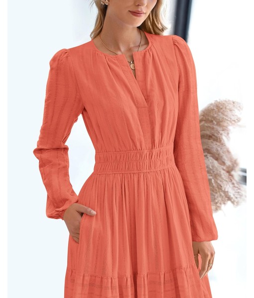 BTFBM Fall Dresses for Women 2025 Casual Long Sleeve V Neck Elastic Waist Lightweight Maxi Wedding Guest Dress Pockets