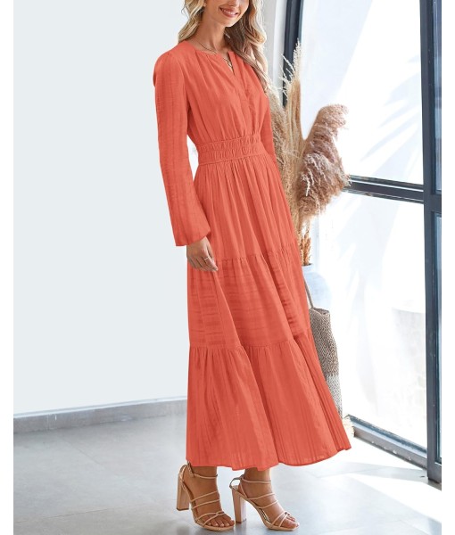 BTFBM Fall Dresses for Women 2025 Casual Long Sleeve V Neck Elastic Waist Lightweight Maxi Wedding Guest Dress Pockets