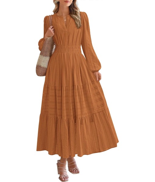 BTFBM Fall Dresses for Women 2025 Casual Long Sleeve V Neck Elastic Waist Lightweight Maxi Wedding Guest Dress Pockets