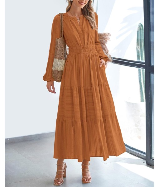 BTFBM Fall Dresses for Women 2025 Casual Long Sleeve V Neck Elastic Waist Lightweight Maxi Wedding Guest Dress Pockets