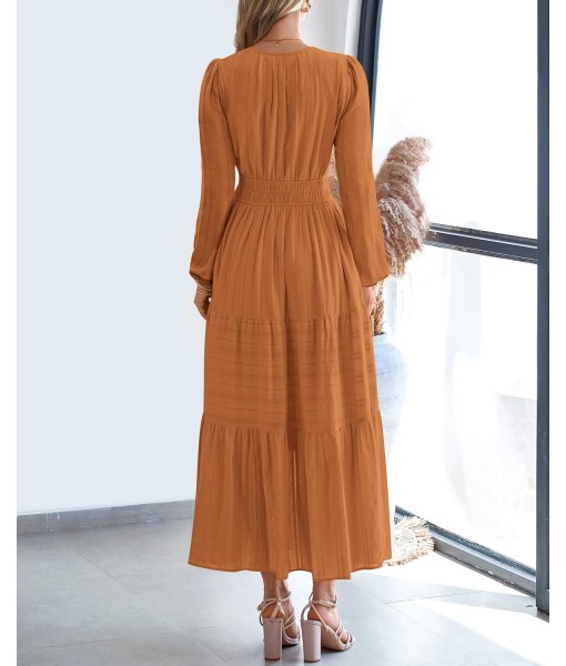 BTFBM Fall Dresses for Women 2025 Casual Long Sleeve V Neck Elastic Waist Lightweight Maxi Wedding Guest Dress Pockets