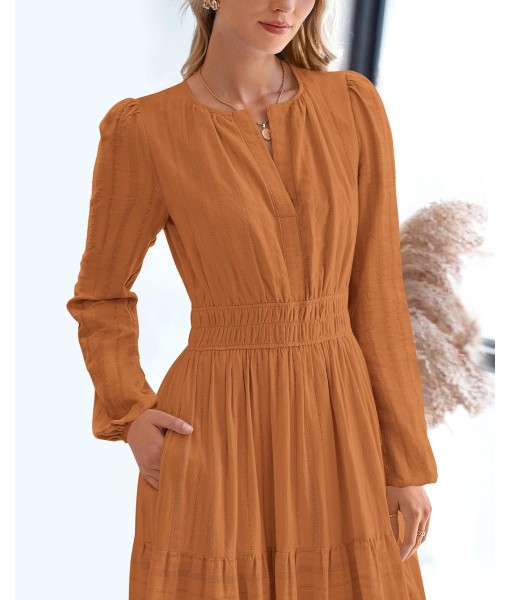 BTFBM Fall Dresses for Women 2025 Casual Long Sleeve V Neck Elastic Waist Lightweight Maxi Wedding Guest Dress Pockets